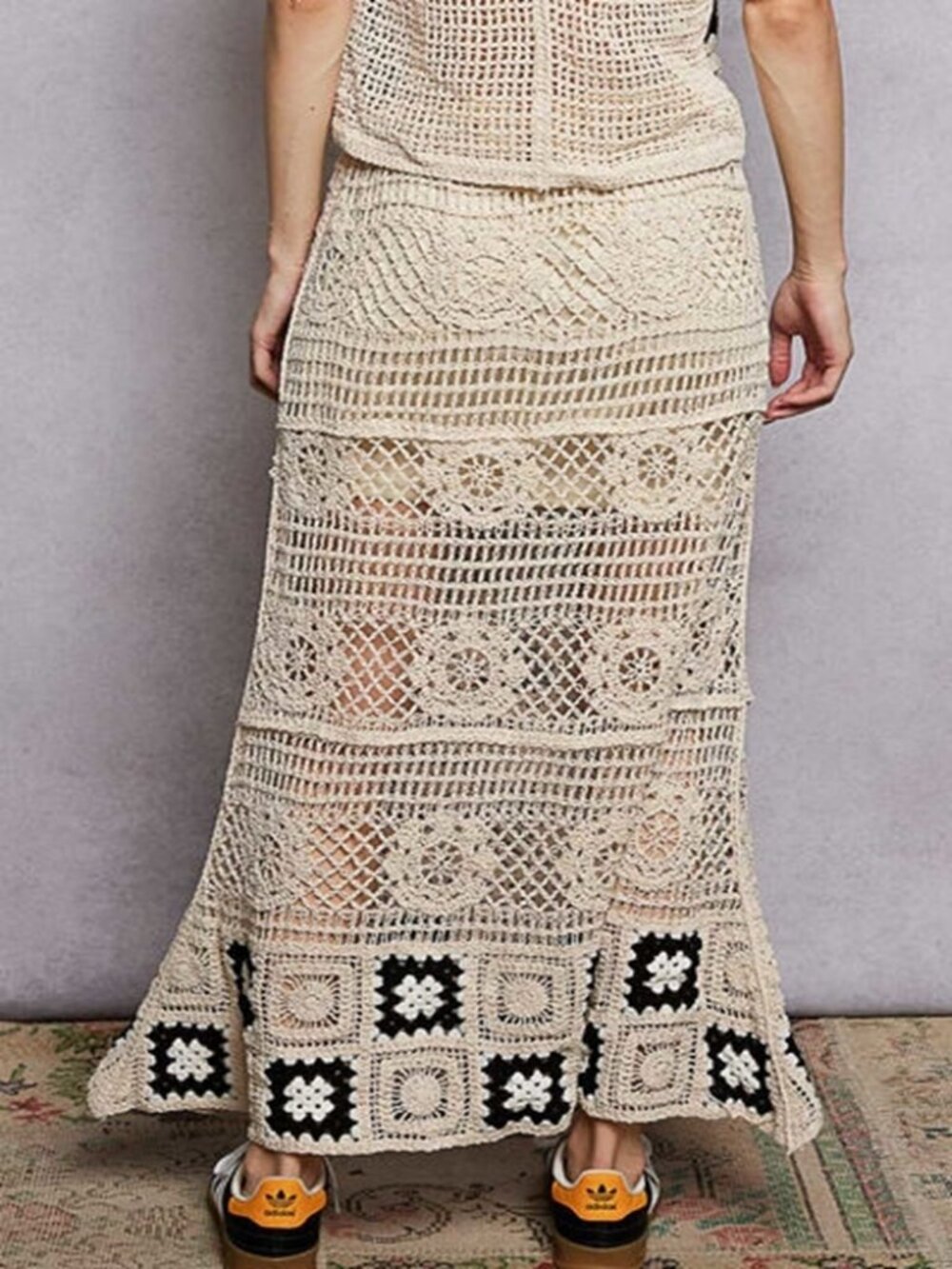 Floral Crochet Ruffled Waistband Maxi Skirt with Granny Square Weave - Picture 3 of 5